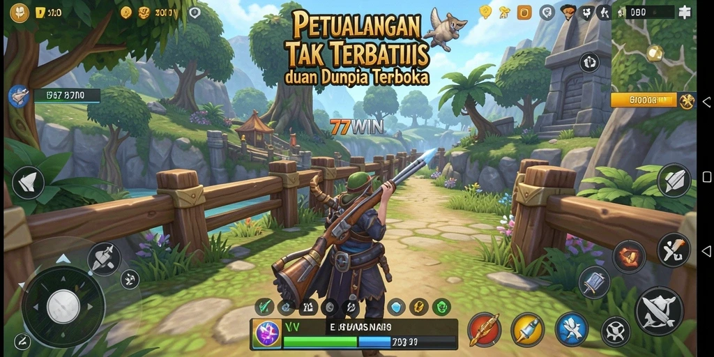 Tangkapan layar gameplay 77WIN menampilkan dunia terbuka yang luas dan interaktif.