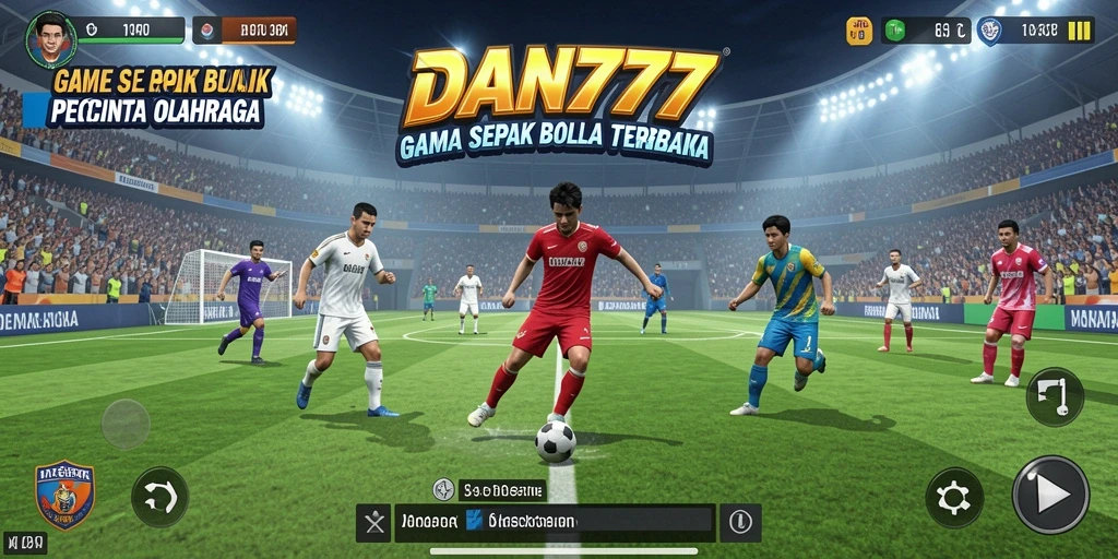 Screenshot gameplay memukau dengan aksi pemain di lapangan sepak bola.