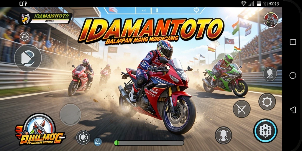 Screenshot utama game IDAMANTOTO menampilkan aksi balapan motor yang mendebarkan.