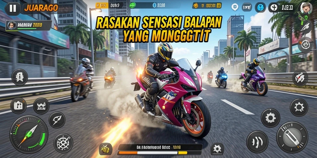 Screenshot JUARAGO menampilkan aksi balapan motor yang mendebarkan.